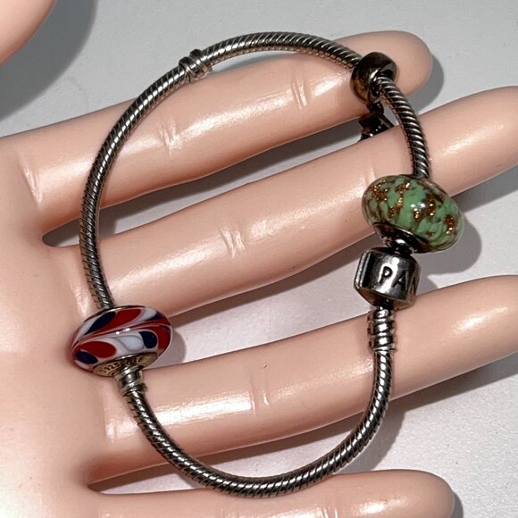 Authentic Pandora Ale Sterling Silver Snake Bracelet w/ Italy Murano Glass Charm - Picture 6 of 13